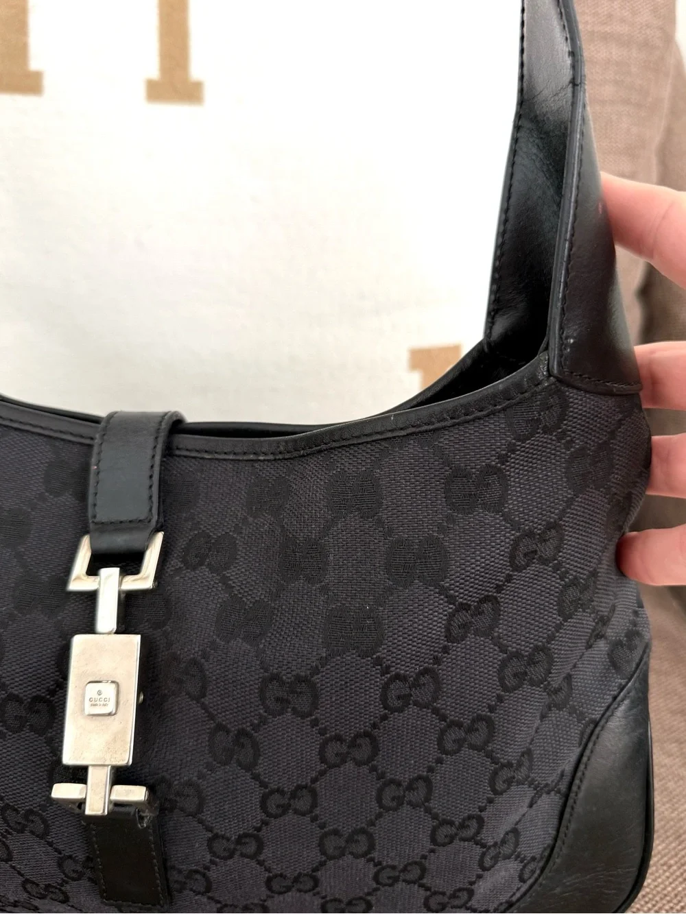Gucci authentic Jackie hobo bag black monogram canvas black leather shoulder bag